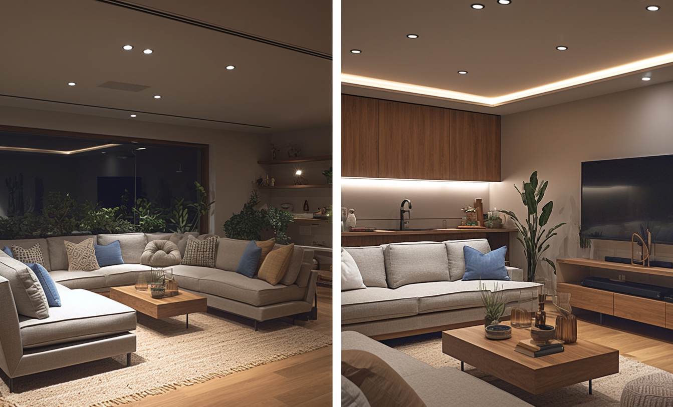 A Before And After Photo Comparison Of A Living Room, Showing The Transformation After Installing Recessed Can Lights.