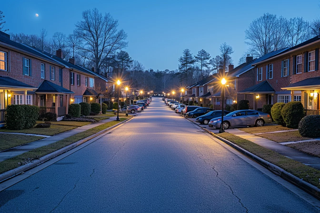 A Nighttime Photo Of A Suburban Neighborhood With Calm, Well Distributed Lighting, Enhancing The Peace And Ambiance Of The Area.