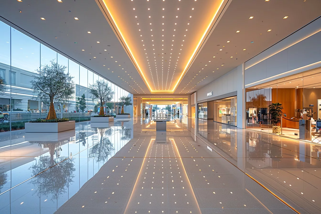 A Photo Of A Shopping Mall With Bright And Welcoming Lighting, Showing Minimal Glare And Energy Efficient Fixtures.