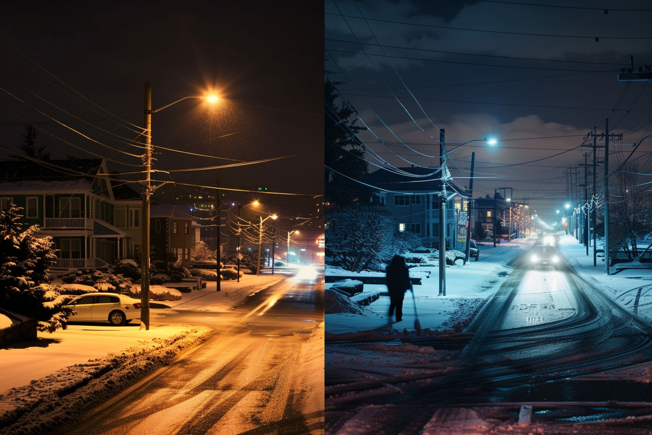 A Side By Side Comparison Of A Street Scene, One With Dim Traditional Lighting And The Other With Bright, Energy Efficient Led Lights.