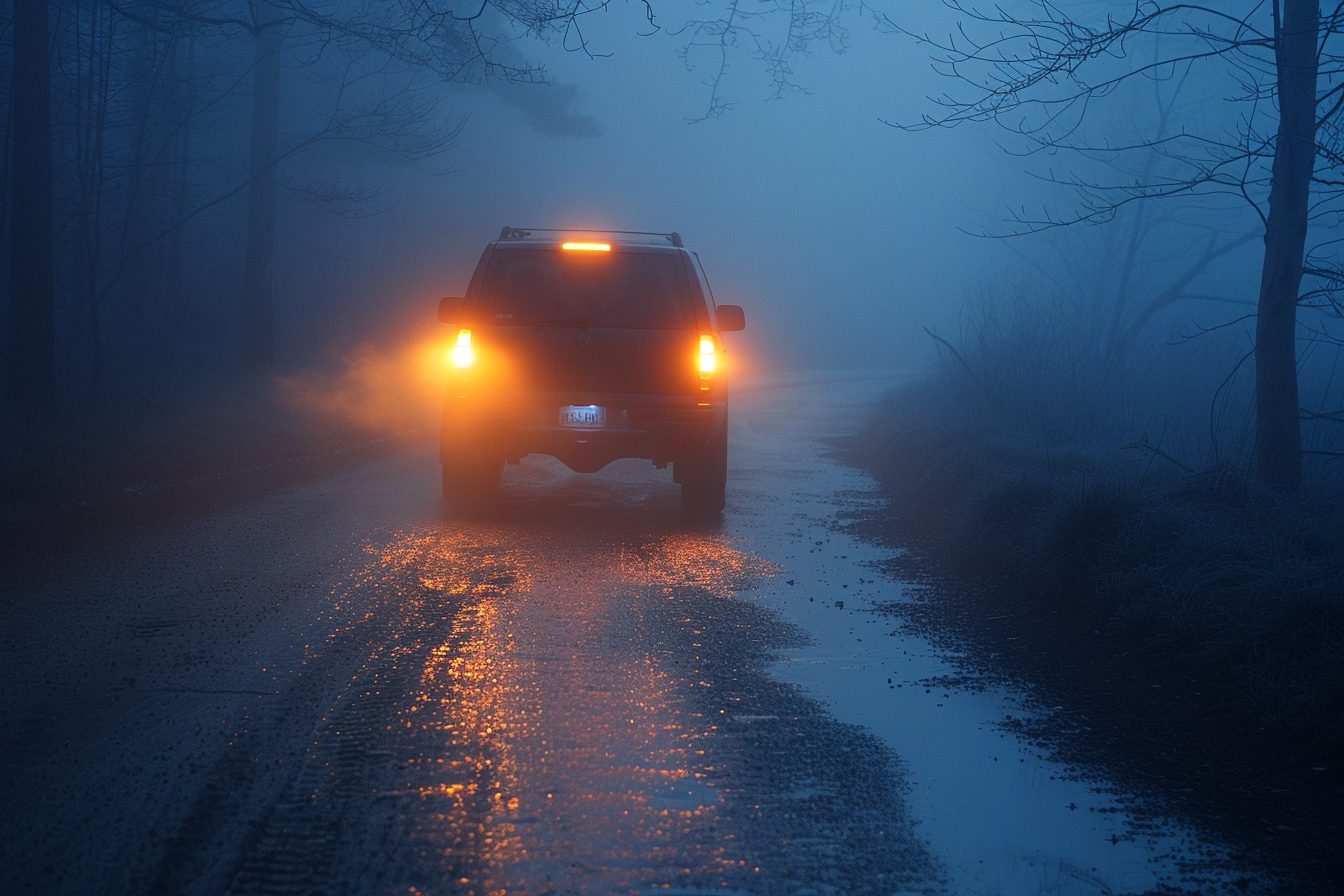A Vehicle Using Amber Lights In Foggy Conditions, Demonstrating Enhanced Visibility Compared To Regular Lights.