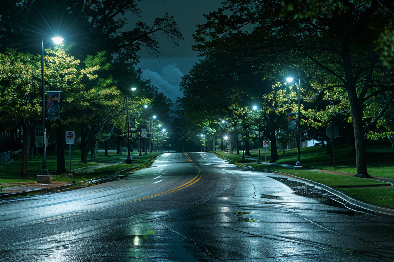 Nighttime Street View With Led Lights Providing Ample Illumination For Increased Safety And Visibility.