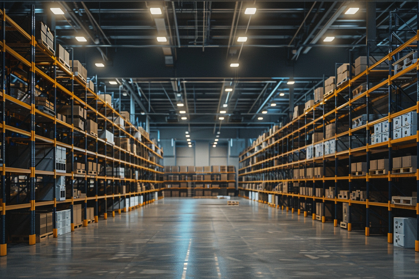 Warehouse With Amber Lights Illuminating The Aisles And Work Areas, Showing Enhanced Visibility And Safety
