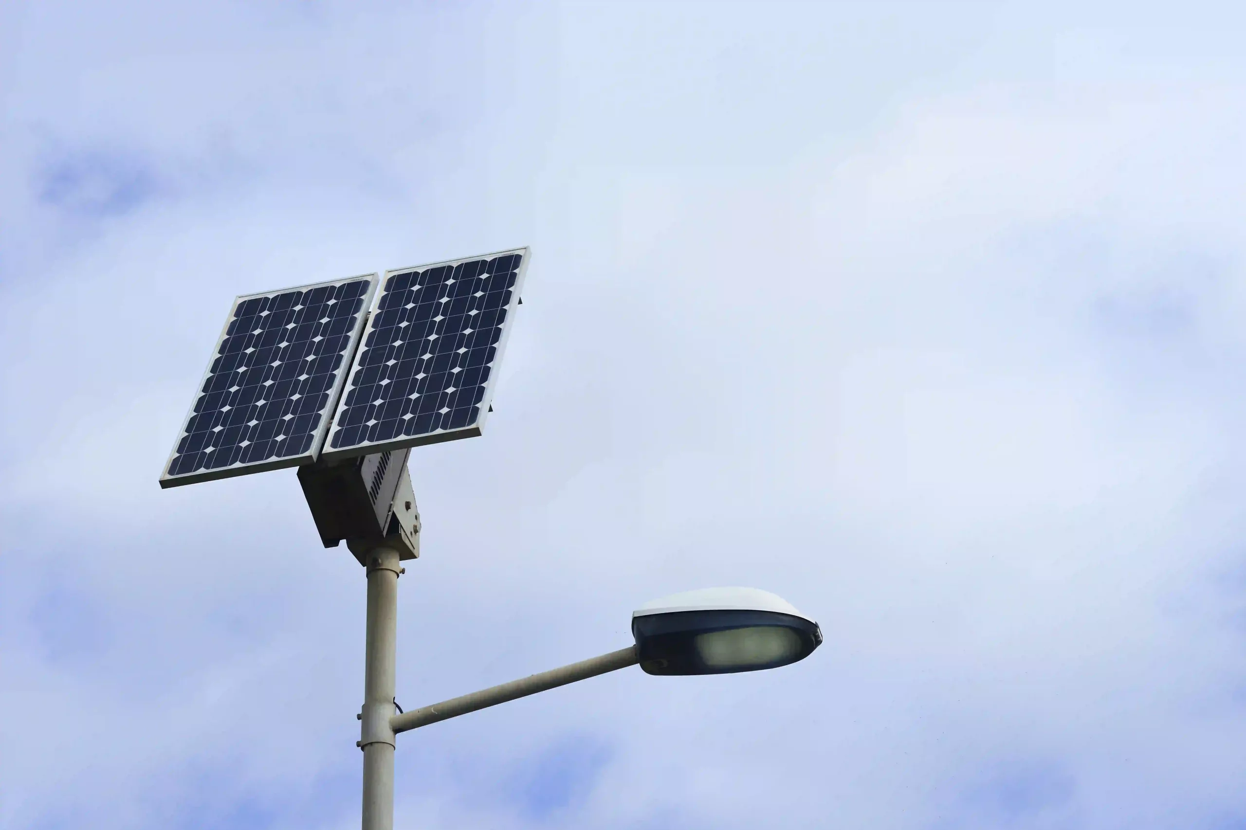 Solar Panels Converting Sunlight Into Energy For Street Lights.