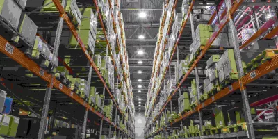 Interior Of Warehouse With Racks Full Of Boxes