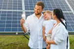 Solar Energy Concept. A Young, Happy Family Is Standing Near Solar Panels