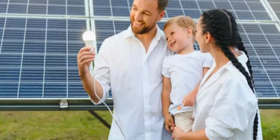 Solar Energy Concept. A Young, Happy Family Is Standing Near Solar Panels