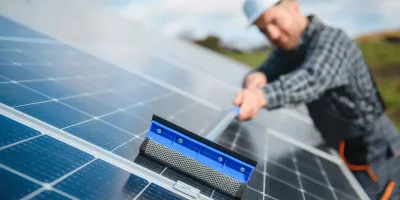 Worker Cleaning Solar Panels