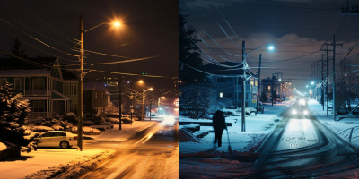 A Side By Side Comparison Of A Street Scene, One With Dim Traditional Lighting And The Other With Bright, Energy Efficient Led Lights.