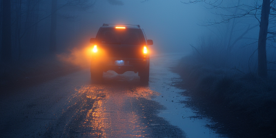 A Vehicle Using Amber Lights In Foggy Conditions, Demonstrating Enhanced Visibility Compared To Regular Lights.