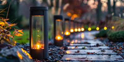 Minimalist Bollard Lights Installed Along A Contemporary Garden Path At Dusk, With Warm, Ambient Lighting.